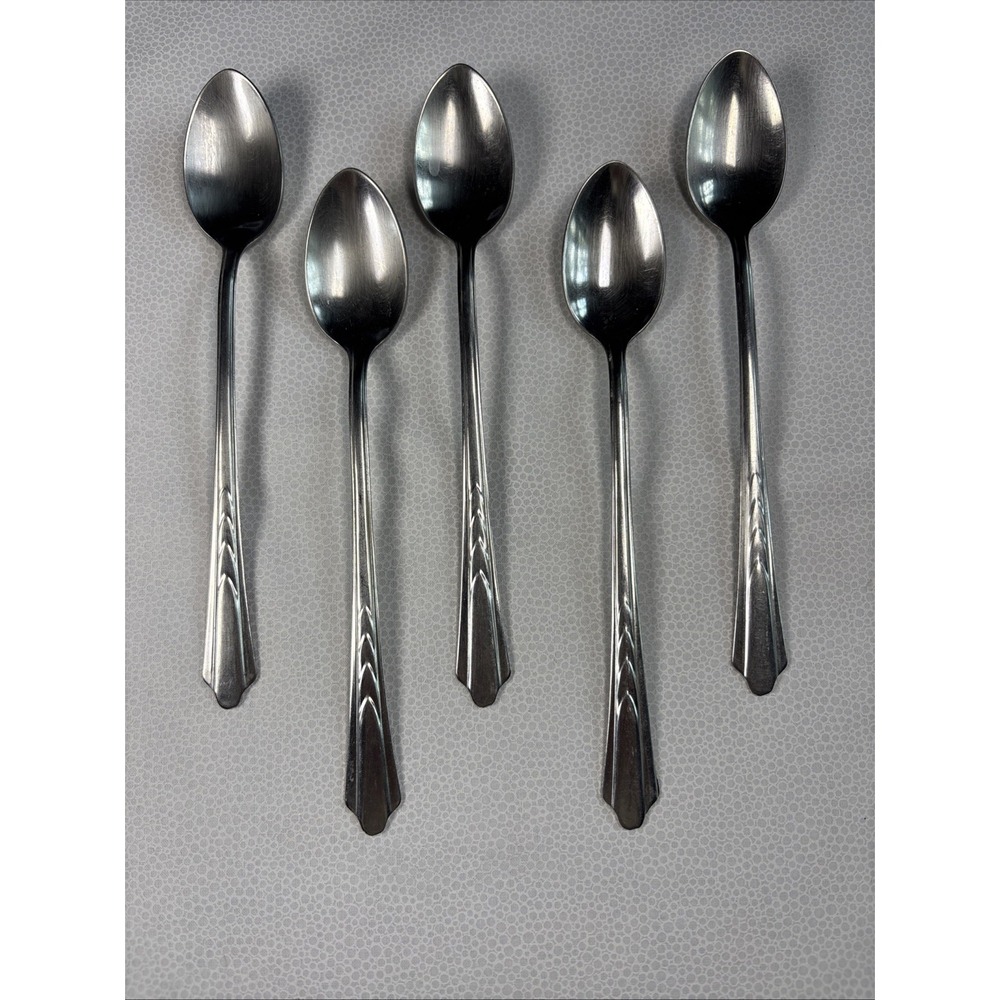 Set Of 5 Ekco EKS7 Stainless Iced Tea Spoons Glossy USA Flatware 7.5" Chevron